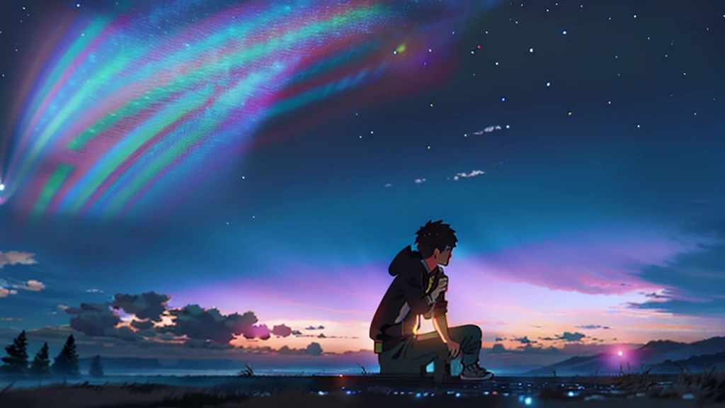 Gazing at the night sky、A young man wearing headphones、Knee、Wide angle、Country town、makoto shinkai、Detailed Description