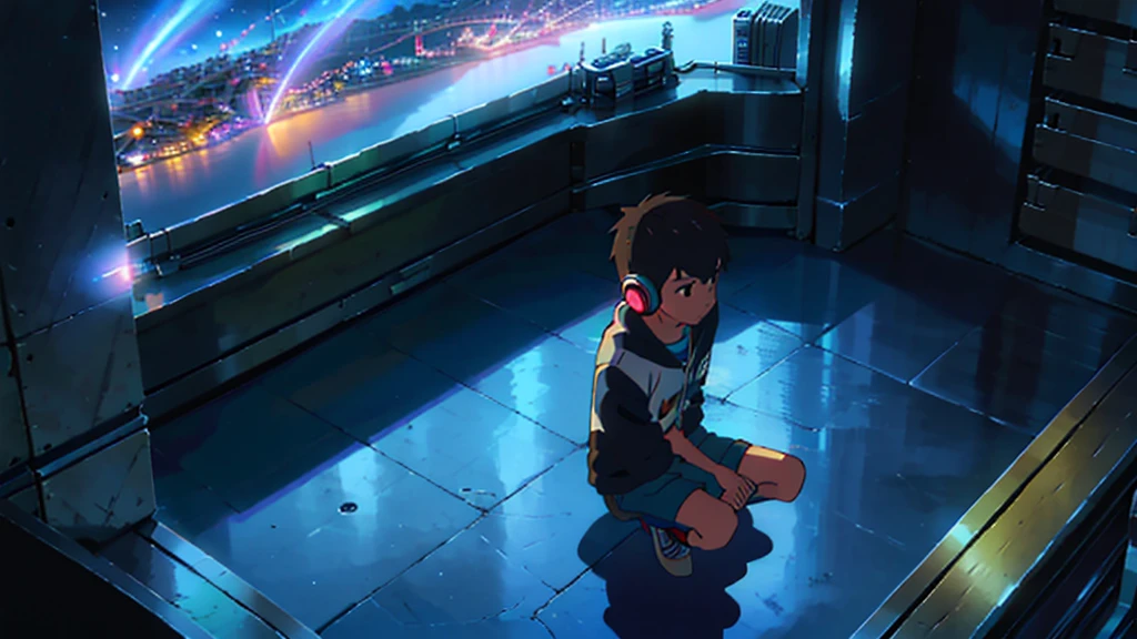 Gazing at the night sky、A young man wearing headphones、Knee、Wide angle、Country town、makoto shinkai、Detailed Description