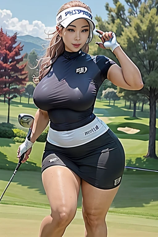 Very detailedな CG Unity 8k 壁紙, Highest quality, Very detailed, Tabletop, Realistic, Korean professional golfer、 Very detailedなMature Woman,Mature Woman,((Huge breasts))Big cleavage ,Big Ass,Big Ass,((Thick thighs)),Saggy breasts,Narrow waist,Wide Hips,(Bodycon) , (Tight Skirt) , (Wearing golf gloves),Wear a hat, Beautiful Eyes,  ((The shape of the nipples is visible even through clothing))、Realistic female hands、audience,  smile, Lips parted, Full Body Shot, Tight golf wear、With your tongue firmly up、Muchimuchi Body,Hard nipples,Nipples are visible,