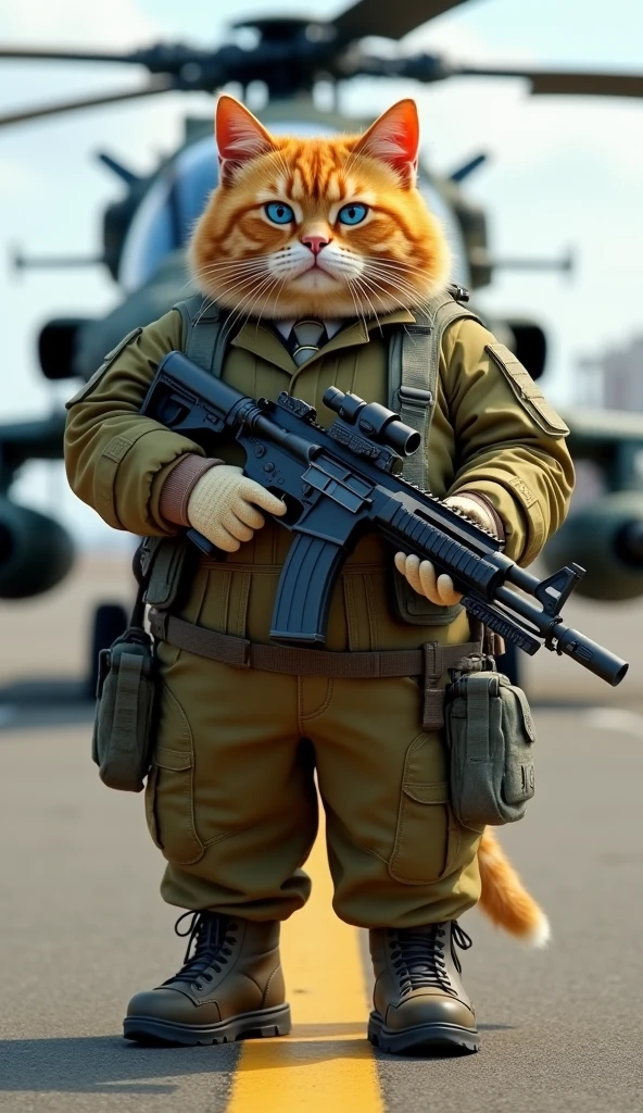 Make a picture of a fat orange cat with blue eyes, flat nose, facing the camera, wear pilot clothes, military boots and tie, wear gloves, in hand carrying an assault rifle standing in front of a combat helicopter with a military aircraft airport in the background, wide, full body, 8k super realistic
