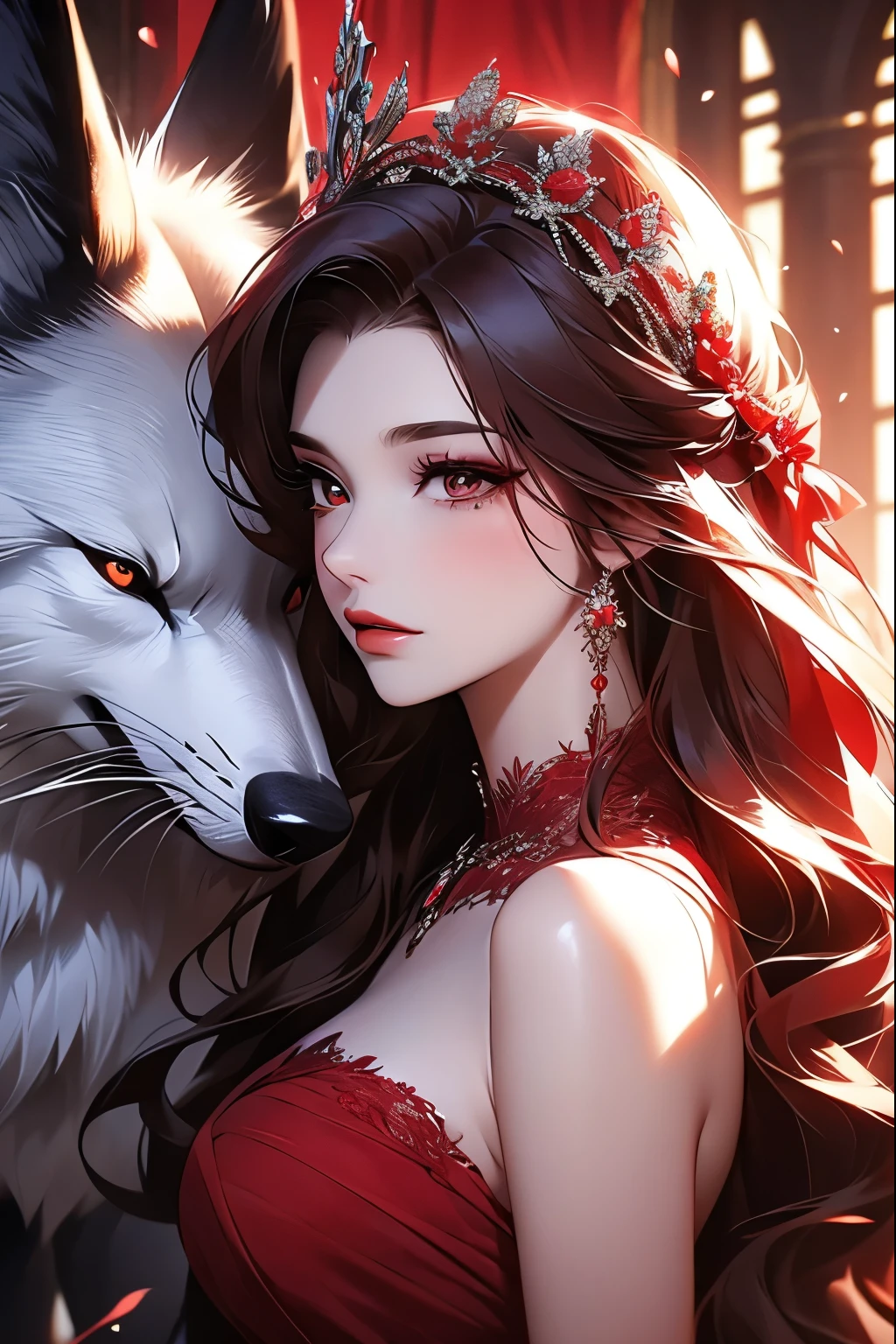 A beautiful woman，Has wolf ears，Wearing a red dress，Wearing a crown，A mole under the eye，Red mouth，2