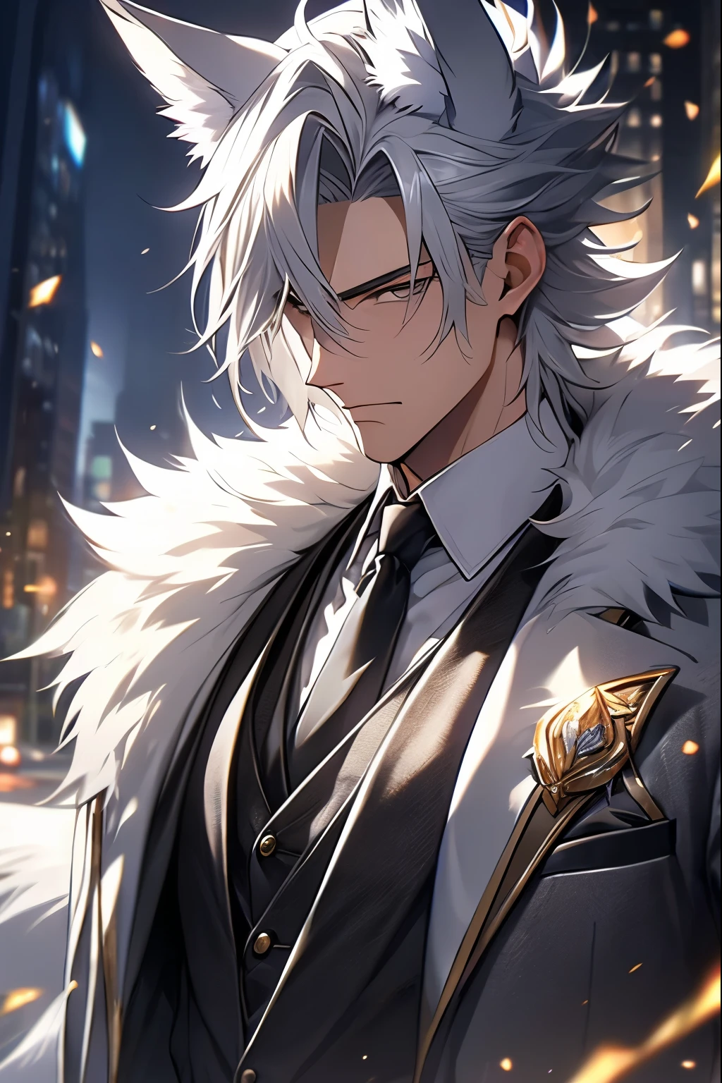 Silver gray hair male，There is a pair of wolf ears，There is a scar on the face，Mature men，Wearing a gray suit，Wearing a gold tie，30 years old