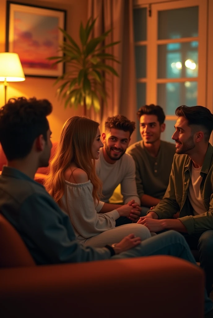 A highly realistic, high-contrast, 8K HD, detailed, hyper-detailed image of a group of young men and women sitting on sofas in an American-style room, illuminated by warm, orange lighting. The room is cozy with modern furniture, and the atmosphere is relaxed as they engage in conversation. The faces of the individuals are clearly visible, with distinct hairstyles that can be easily recognized and replicated. The scene captures the casual and friendly vibe of the group in a comfortable, inviting setting.