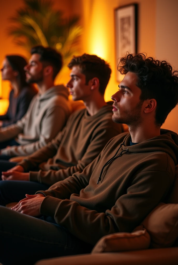 A highly realistic, high-contrast, 8K HD, detailed, hyper-detailed image of a group of young men and women sitting on sofas in an American-style room, illuminated by warm, orange lighting. The room is cozy with modern furniture, and the atmosphere is relaxed as they engage in conversation. The faces of the individuals are clearly visible, with distinct hairstyles that can be easily recognized and replicated. The scene captures the casual and friendly vibe of the group in a comfortable, inviting setting.