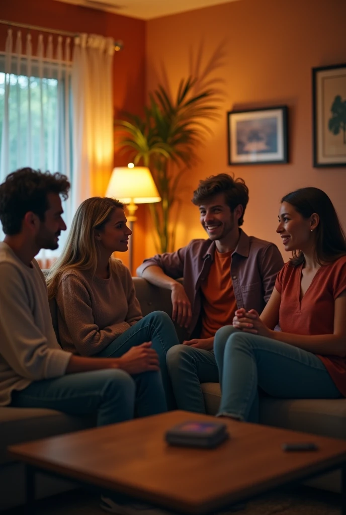 A highly realistic, high-contrast, 8K HD, detailed, hyper-detailed image of a group of young men and women sitting on sofas in an American-style room, illuminated by warm, orange lighting. The room is cozy with modern furniture, and the atmosphere is relaxed as they engage in conversation. The faces of the individuals are clearly visible, with distinct hairstyles that can be easily recognized and replicated. The scene captures the casual and friendly vibe of the group in a comfortable, inviting setting.
