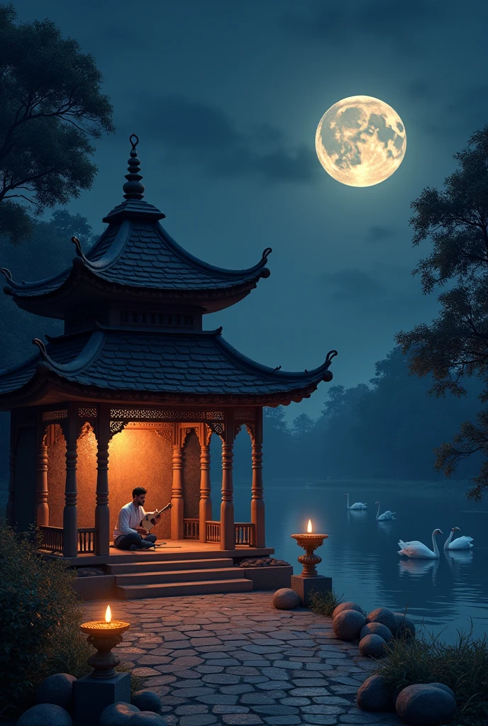 Background night with moon
A Hindustani n Tamil culture hall
Trees 
Inside the hall a men with Tamil instrumental 
Inside the hall with kuttuilakku 
N other Hindustani n Tamil stuffs
Besides hall river or lake with peacock n swans classy  n romantic more darker n 
