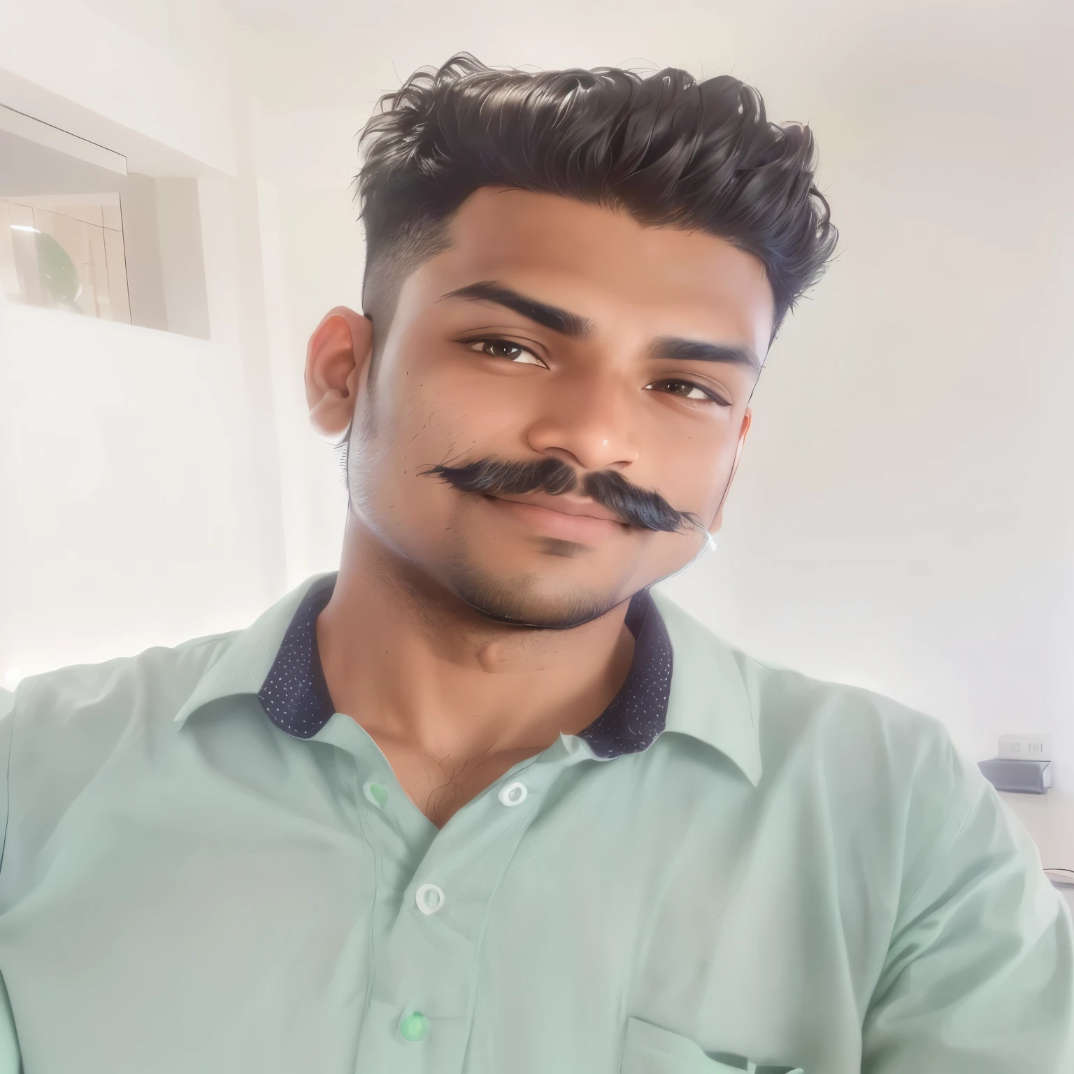 arafed man with a green shirt and a mustache, 8k selfie photograph, jayison devadas, taken with sony alpha 9, taken with sony a7r camera, with accurate face, without beard, face picture, around 1 , vinayak, very very low quality picture, without helmet, shot on nikon z9, front profile!!!!