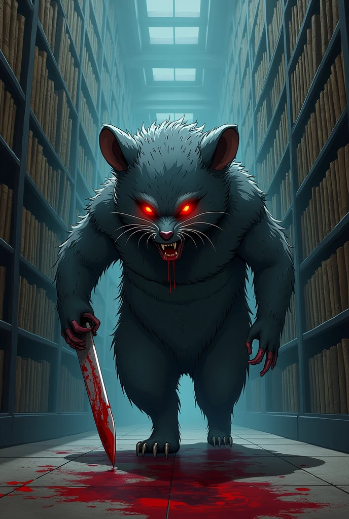 A frightening mole mascot have a grey. The costume is blood-stained and carries a knife, moving through the dimly lit corridors of the library. Anime style