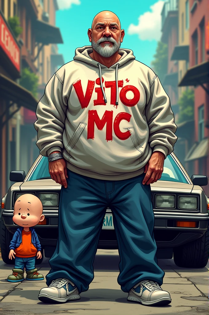 Rapper 3 85 kg 1,70 meters bald short gray beard with mustache wide sweatshirt with graffiti letters that say Vito Mc Wide pants Sneakers Basketball next to Elmer Brown and car from Back to the Future cartoon