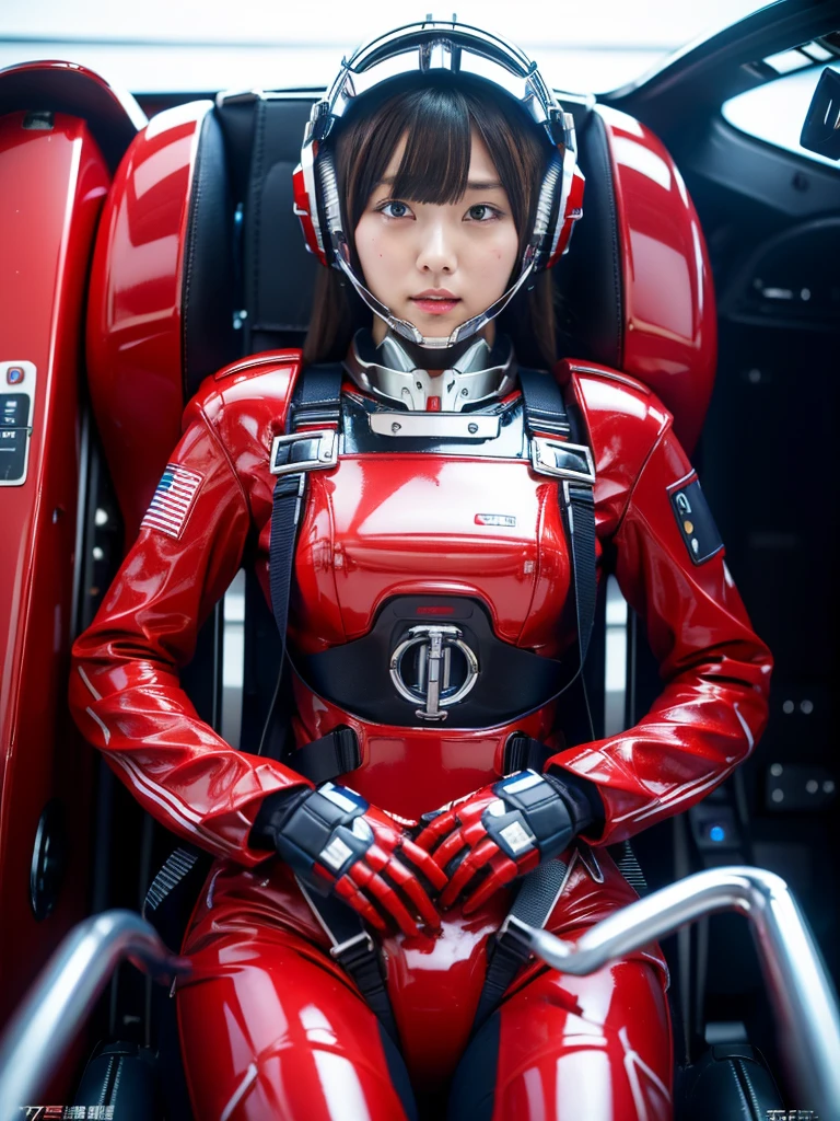 masterpiece, Highest quality, Very detailed, Japanese Android girl,Plump,Slightly thicker,Control panel,Android,cyborg,Blunt bangs,Sitting in the cockpit,Red robot suit,Harness Belt,Helmet