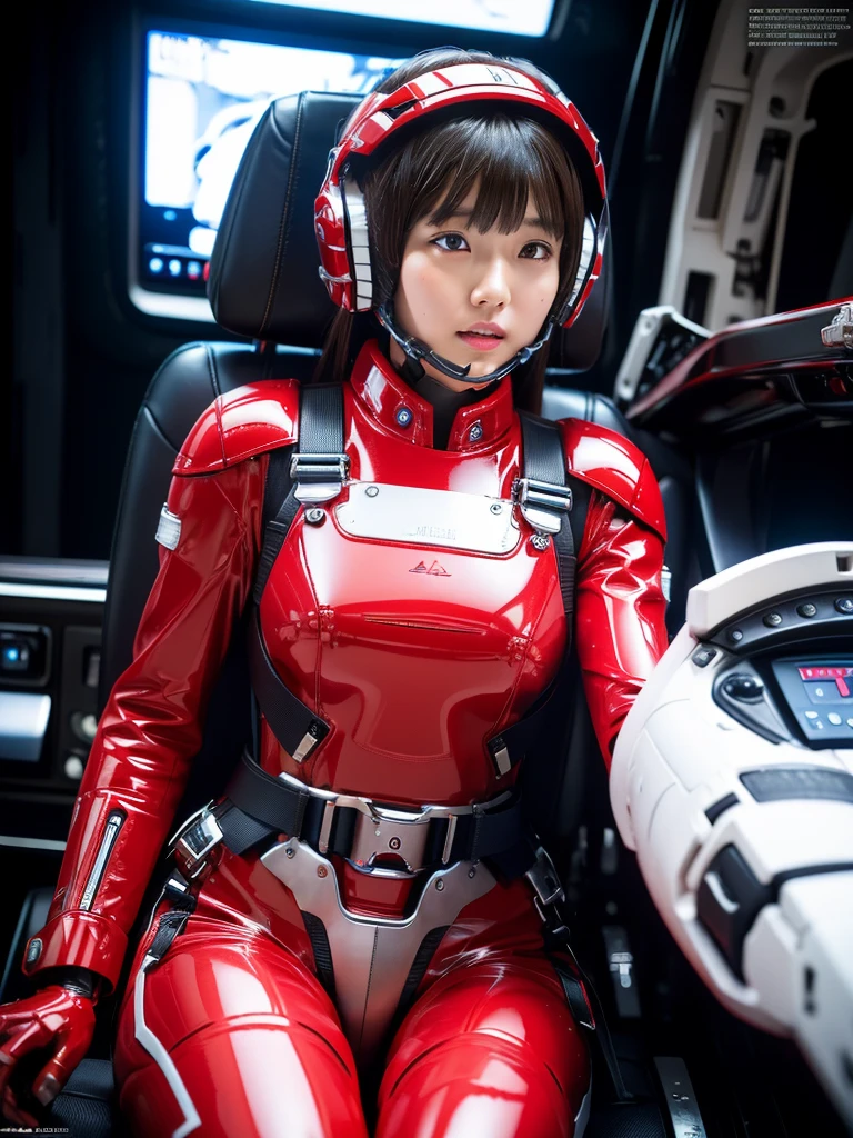 masterpiece, Highest quality, Very detailed, Japanese Android girl,Plump,Slightly thicker,Control panel,Android,cyborg,Blunt bangs,Sitting in the cockpit,Red robot suit,Harness Belt,Helmet