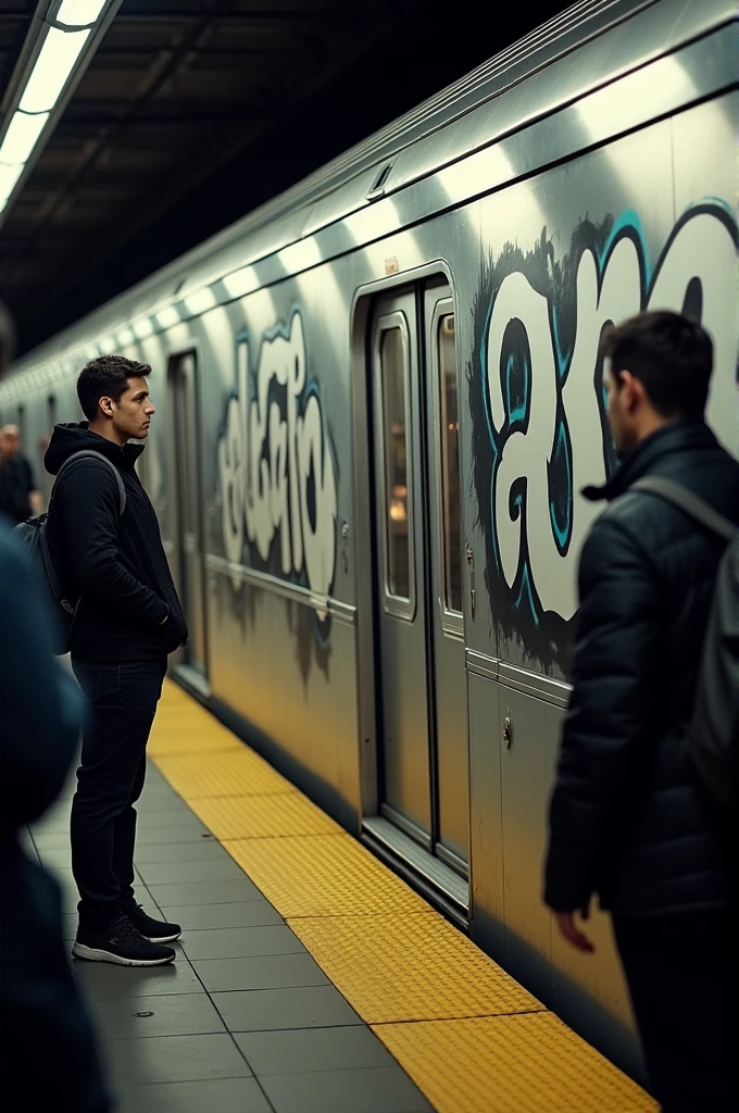 The word am6uth is painted on a metro train and the passengers on platform looking it with curiosity