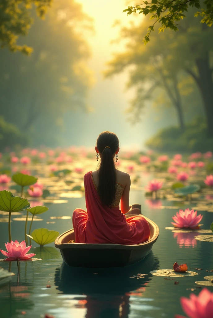 The boat floats on the river. A girl in a saree sits gracefully in the boat. Around him, lotus flowers of various colors bloomed on the banks of the river, which were reflected in the calm water of the river. The girl is smiling or quietly enjoying the view of the river, while the lotus flowers make the environment around her more colorful and vibrant. The golden glow of the lotus flowers along with the sunlight made the scene even more beautiful. The image can be seen from the of the girl.