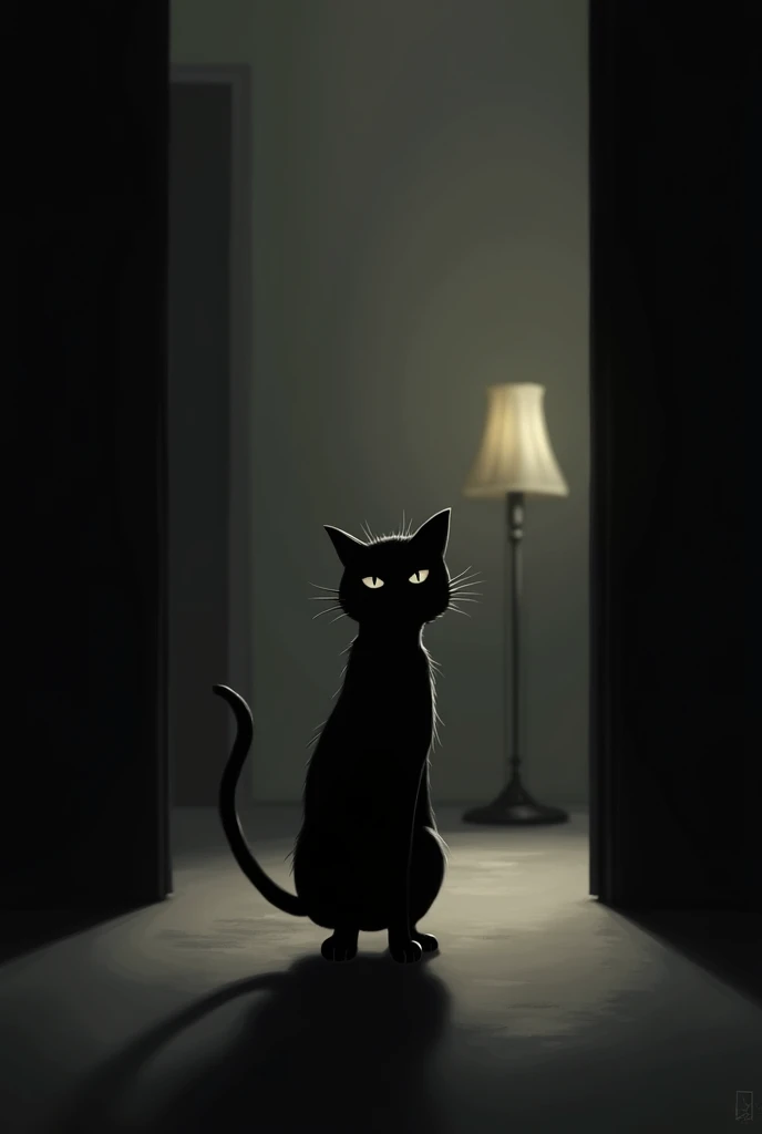 Pitch black shadow Shadow play Faint light from background lamp Cat silhouette 2Standing on bare feet Looking straight ahead