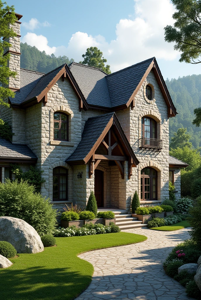 Create a beautiful house made by stone.