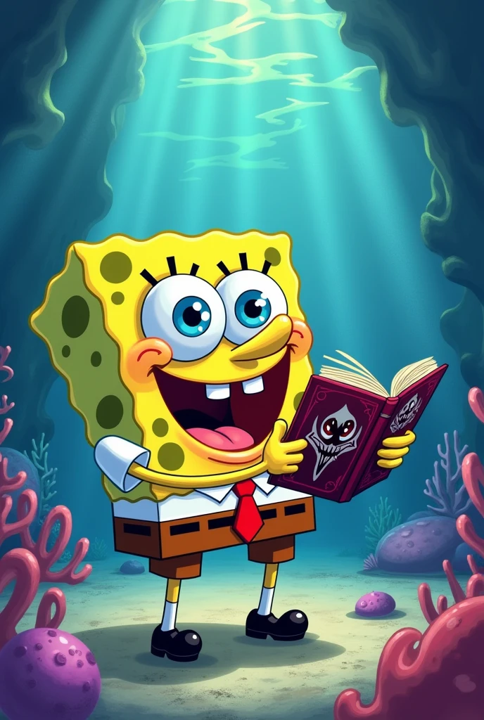 Spongebob finds a magic book with an evil face and laughs