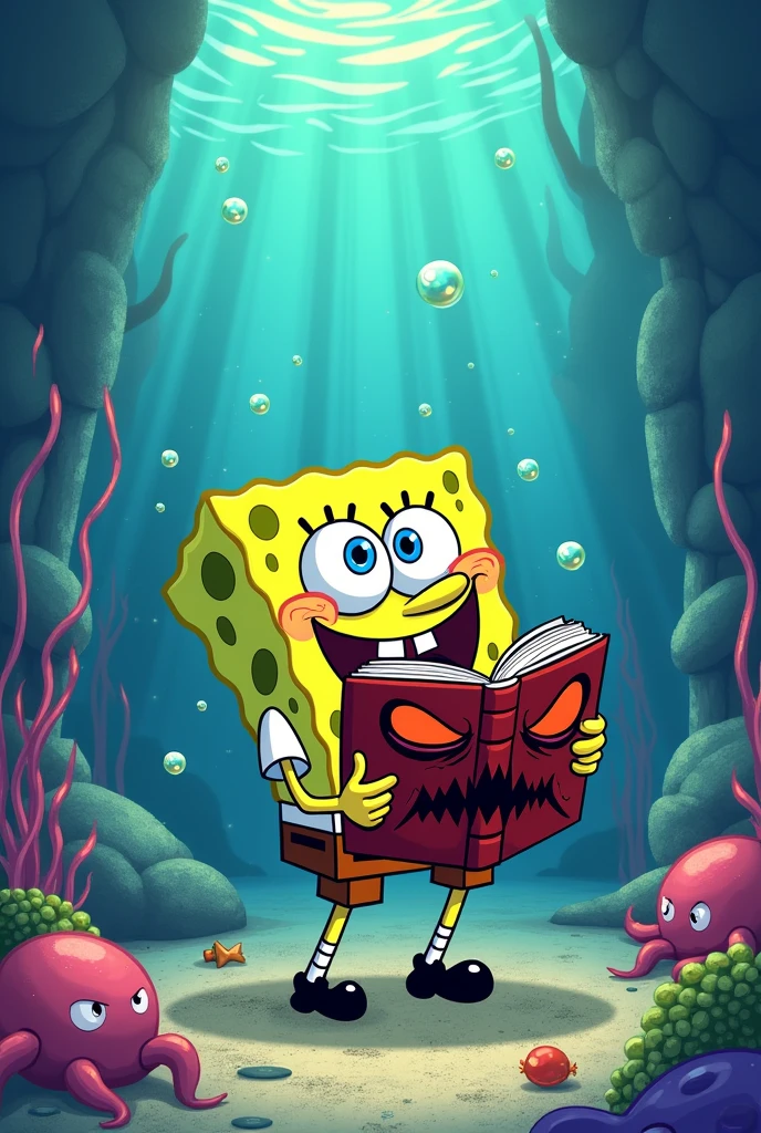 Spongebob finds a magic book with an evil face and laughs