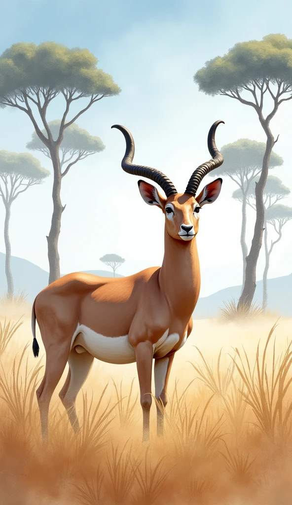 
A antelop standing the tall grasses, with acacia trees and a clear blue sky in the background. Watercolor style 