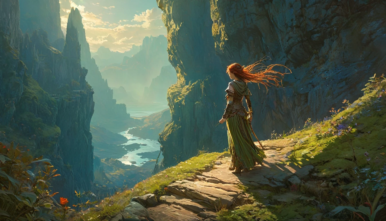 (anime, fantasy, adventurer), (detailed CG unity 8k wallpaper, masterpiece, best quality, highly detailed, HDR:1.2), an adventurer arrived in the new land, standing on the edge of cliff, medieval era, beautiful horizon. {unique shape} {4k texture}, vibrant color, intricate, ethereal lighting. From Brian Froud and Carne Griffiths and Wadim Kashin and John William Waterhouse
