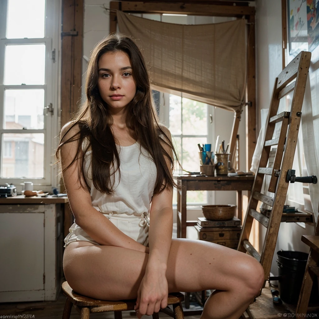 Photograph a young woman, 26 years , with an elegant and natural look. She has long, wavy brown hair, smooth and clean skin with a warm, healthy complexion. Her delicate, symmetrical features include expressive almond-shaped blue eyes, well-shaped natural eyebrows, and a straight, proportional nose. She is wearing a stylish, fitted jumpsuit and is seated on a vintage wooden ladder in an artist’s studio filled with creative clutter. One hand rests on the ladder, and the other holds a paintbrush, as if she’s just finished a piece of art. The camera angle should be slightly from above, capturing her poised expression and the artistic surroundings, including canvases, paint tubes, and scattered sketches. The light should be soft and diffused, coming through large studio windows, adding a warm, inspirational glow to the scene.