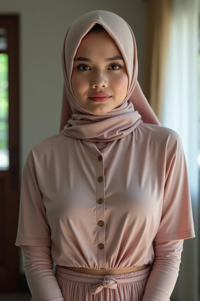 Home，Malaysian Muslim women，scarf，Short skirt，front，sexly，Big cleavage，ultra hd image,Unbutton，Chest，Cute face，underwear，See the bottom of the skirt，perspective，Short-sleeved clothes，Touching the chest，