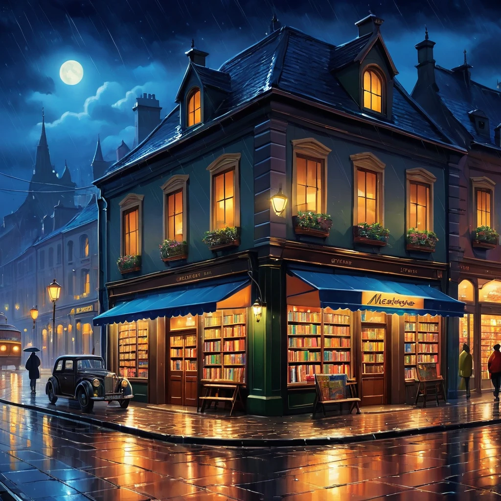 (masterpiece:1.4), (best quality:1.4), (High resolution:1.4), (masterpiece, best quality, High resolution:1.4), bookshope store on the roadmidnight, softy warm night, rainy night, cartoon style