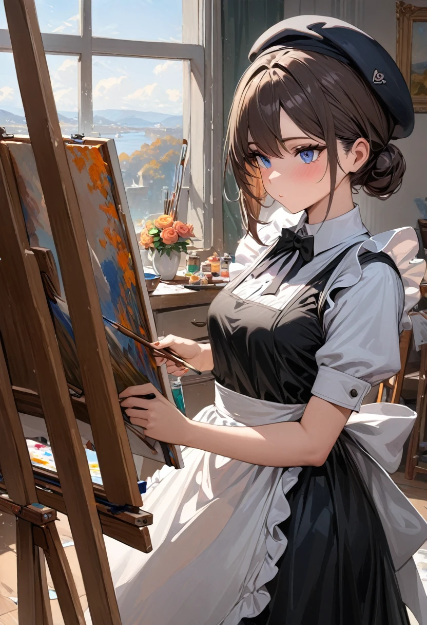 ((masterpiece)), ((best quality)), perfect detailed eyes, perfect detailed face, A girl wearing a maid's uniform painting an oil painting, (1 Easel) , (1 canvas), Paintbrush, oil paints, Artist, maid painting a still life, Wearing a beret