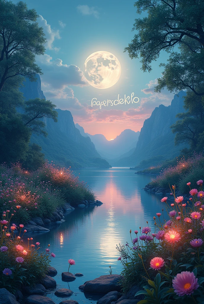 high quality, 8K Ultra HD, A beautiful nature in which are written papersdekhlo in a moonlight. In flowers , lake, sunset