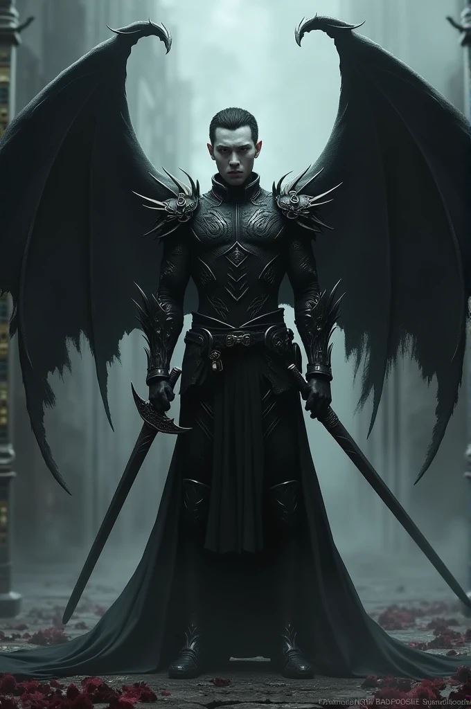 A white character with short black hair and white eyes wearing black armor with a serious face holding two swords with pierced bat wings