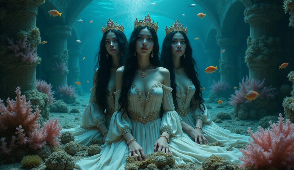 A full-body shot,(extra wide angle 16:9, 1:1) portrait, ((2 Super realistic 1:1 gorgeous vampire twin queens 1)),Realistic stunning eyes, wearing on head gold crowns with pink crystals, necklaces and earrings 1:1. ((3 gorgeous queen girlfriends blondes with (((perfect extra beautiful detailed realistic face))), with jewelry’s, necklace, earrings. In a dark deep sea (big medieval ballroom very old realistic 1:3 in an old gothic palace), under the sea.Sinking down at the bottom. Ripped many layered silk and lace medieval dresses floating. Frayed apart floating lace dresses. Gold garnish. The queens have a big light-colored very finely detailed eyes, black super-long hair. Their exquisite girlfriend queens with big bright blue finely detailed eyes 1:!. have an extra long flowing hair, gold crown. Pale pink and black beautiful lace dresses. Dresses in many layered lace and chiffon riven and flowing (Best perfect hands, five fingers on each hand.) Small breasts cleavage, (hyper realistic perfect eyes 1:3). Face with Pale perfect detailed skin. Hyper detailed skin on body. Queens surrounded by Perished under-water gothic palace 1:1 On the bottom of the sea are golden crowns 1:1, adorned with pink crystals 1:1. Bright colored blue, pink, orange, green fishes swimming around. Pink Corals. Sea moss. Octopus. Treasure chest with gold coins and jewelry in it. The scene a beautiful queens swimming ghostly, their super long 1:1 hair flowing all around. Sad. Scared. Crystal wine glasses—one tipped over and broken on the seafloor,. (Super detailed faces)1:1. Super detailed eyes)1:1. In a fantastic scene that uses 3D Surreal 3D model. Best eyes 1:1 The entire setup is masterpiece 1:3 framed with the grandeur of medieval gothic style. photographed in a Canon EOS R5, 50mm Lens, F/2.8, (8K)"