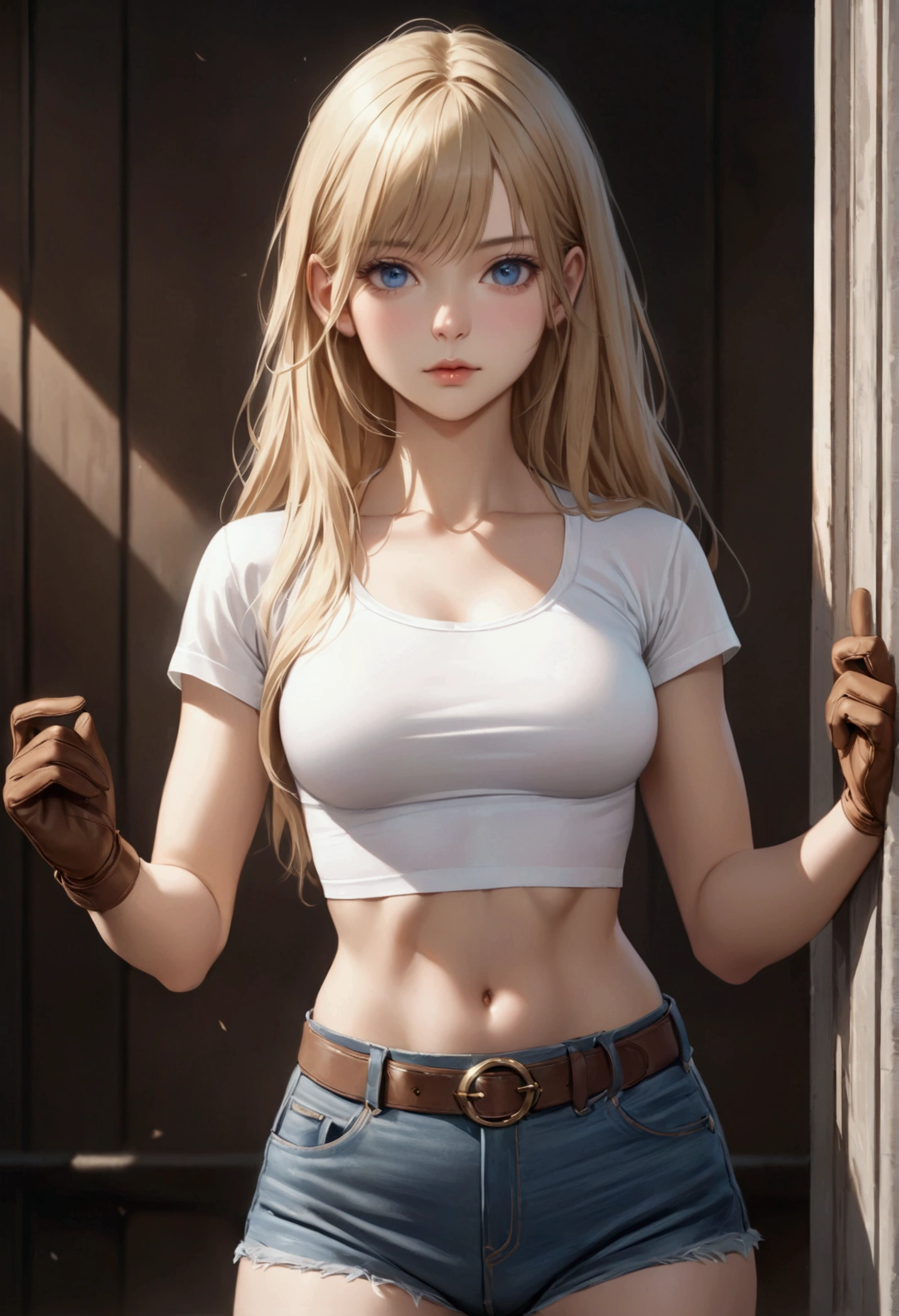Woman with long blonde hair, blue eyes, An athletic body, A tight plain white T-shirt, Scoop neck, Crop top, Navel exposed, Denim hot pants, Brown belt with oval buckle, Brown small gloves, Stand up straight, Front view,8k, Highest quality, masterpiece, Realistic, detailed
