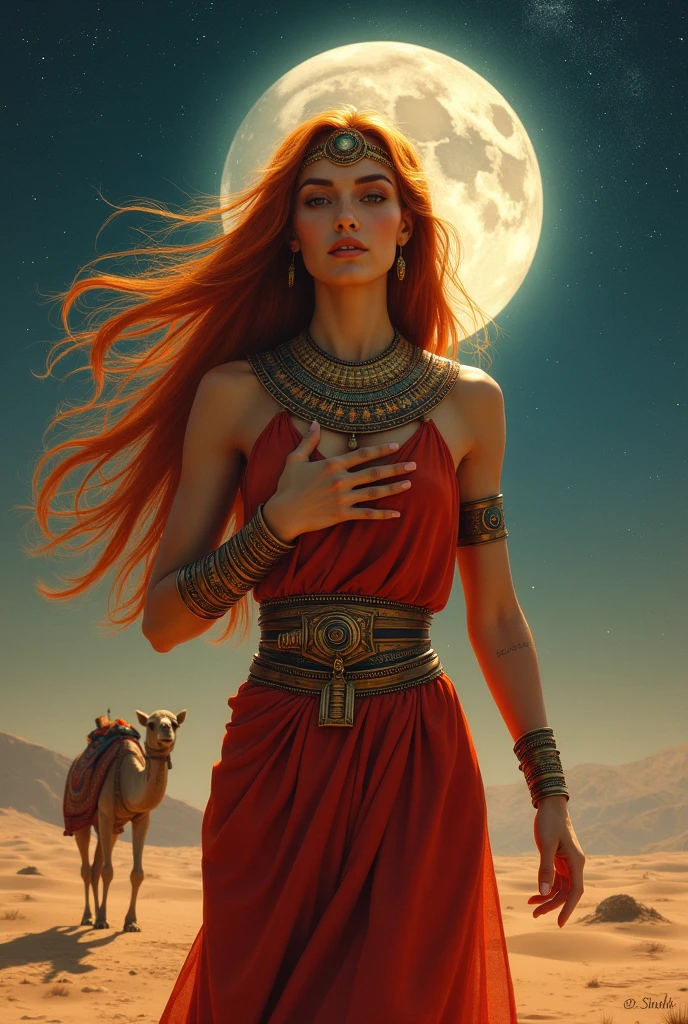 Infinity woman with straight hair red dress with thick and antique belt bracelets on her hands and Egyptian necklace with her right hand on her heart and her left hand raised high a full moon and starry sky in the desert and a camel and Arabic carpet and Arabic lantern