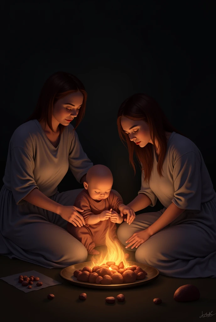 A small baby dark area aroud fire hleping burner people
