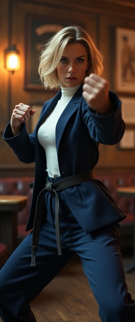 (( karate pose, (Karate kick:1.3) , hold fingers)), Full body, solon,  woman of 007 , in  Pub , (1 Scottish woman , 30 age old ,(gold hair, short cut, serious, glare at man), ((wearing  Navy Blue blazer jacket, white turtleneck sweater,  Navy Blue pants, leather black belt,  brown shoes :1.5)) , ((super detail, high details, high quality, accurate, anatomically correct, textured skin, beautiful fingers super detail, high details, high quality, best quality))