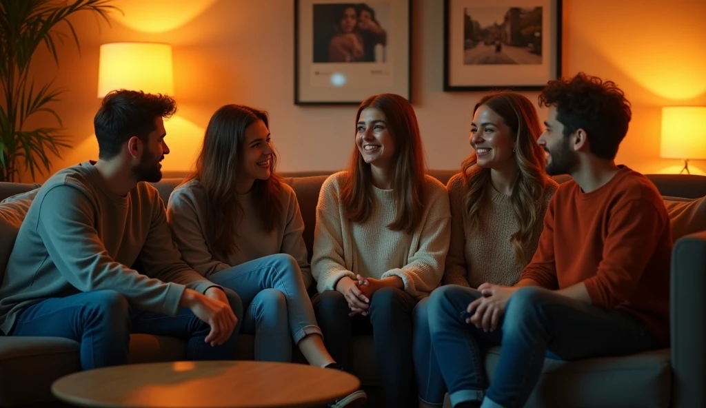 A highly realistic, high-contrast, 8K HD, detailed, hyper-detailed image of a group of young men and women sitting on sofas in an American-style room, illuminated by warm, orange lighting. The room is cozy with modern furniture, and the atmosphere is relaxed as they engage in conversation. The faces of the individuals are clearly visible, with distinct hairstyles that can be easily recognized and replicated. The scene captures the casual and friendly vibe of the group in a comfortable, inviting setting.