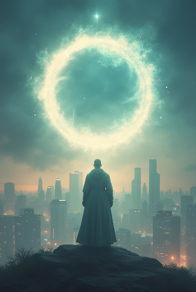 A pale magic circle floating in the air, ,The hero who stopped the world from being destroyed, The back of the character, City as background