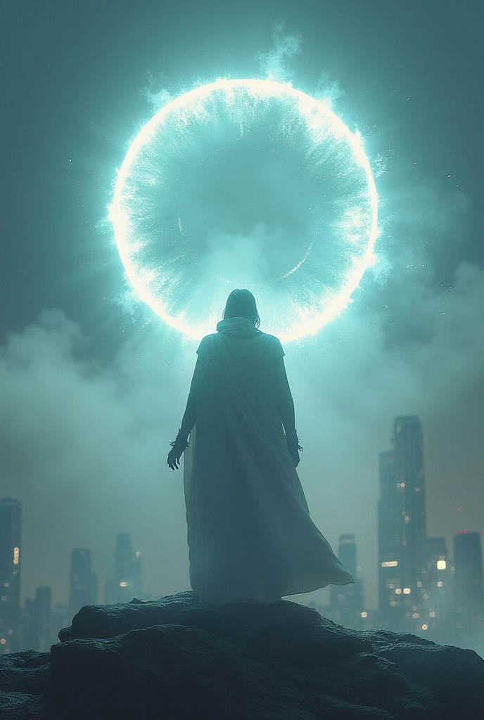 A pale magic circle floating in the air, ,The hero who stopped the world from being destroyed, The back of the character, City as background
