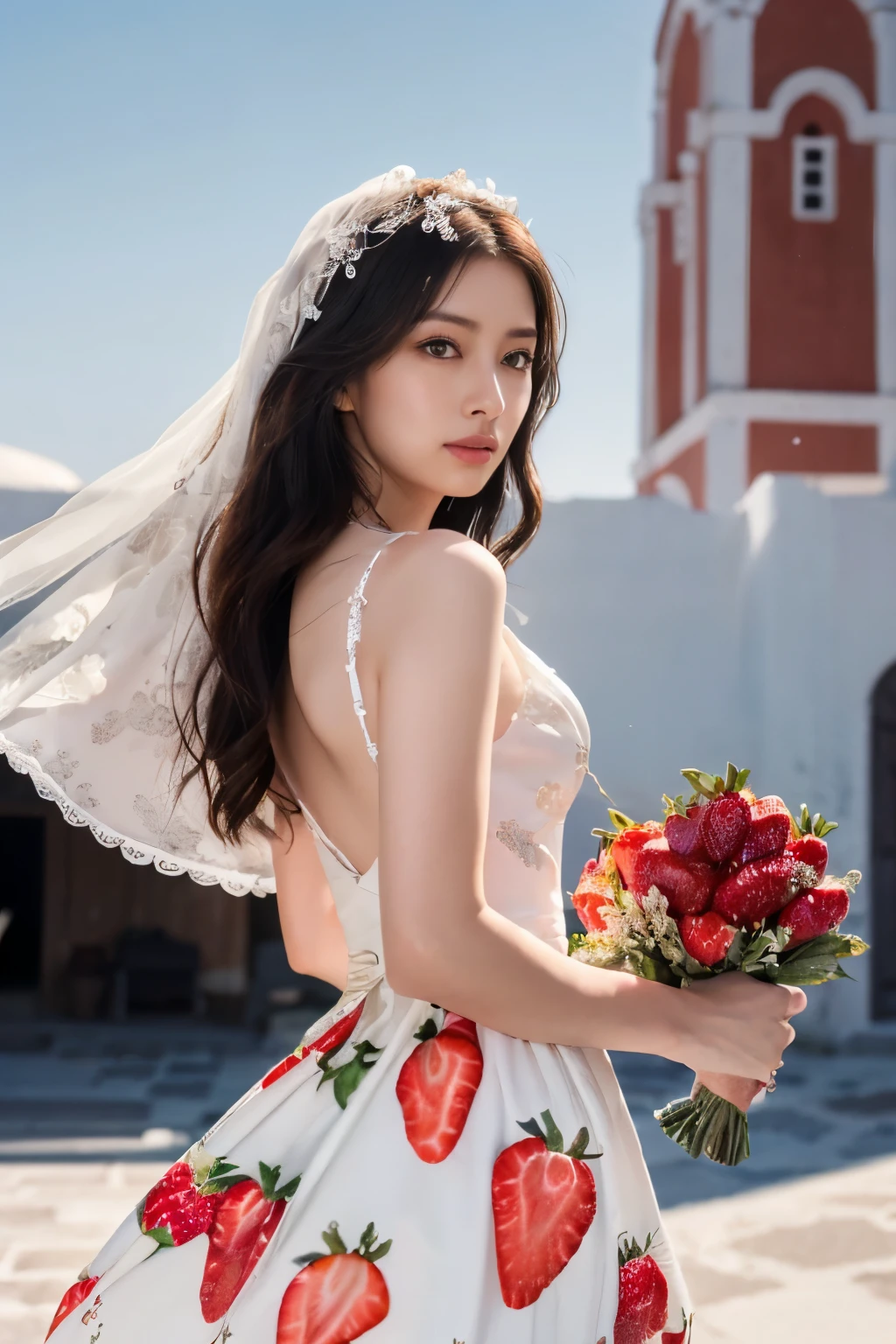 ((masutepiece:1.4, Best Quality)), (photos realistic:1.4), ((1girl in)),
(超A high resolution:1.2), Extremely delicate and beautiful, amazing, finely detail, the Extremely Detailed CG Unity 8K Wallpapers, Ultra-detailed, High resolution, Soft light,
Beautiful detailed girl, extremely detailed eye and face, beautiful detailed nose, Beautiful detailed eyes,
(wearing a strawberry print wedding dress...:1.4), Lustrous black hair, Taut,
Cinematic lighting, Perfect Anatomy,
Slender body, Standing in front of a church in Santorini, Aegean Sea, (plein air:1.3), Cute poses, Cowboy Shot