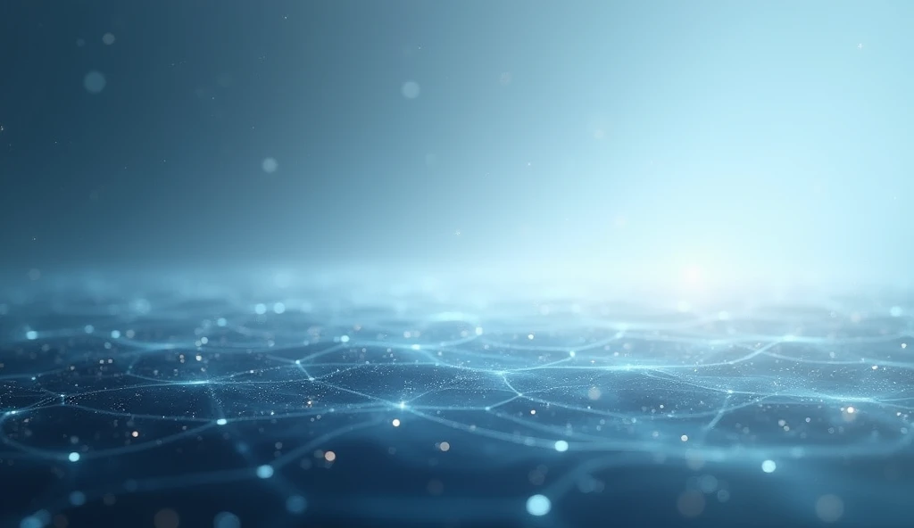 Create a futuristic, abstract background that combines realism with subtle digital elements. The scene should depict a soft, gradient sky transitioning from deep blue to indigo, with faint, holographic grids or waveforms softly visible in the distance. Incorporate subtle, floating light particles or gentle lens flares that add a sense of depth and dimension, while keeping the overall mood calm and neutral. The color scheme should be cool and muted, focusing on blues, grays, and hints of soft white light, creating an elegant, futuristic atmosphere.