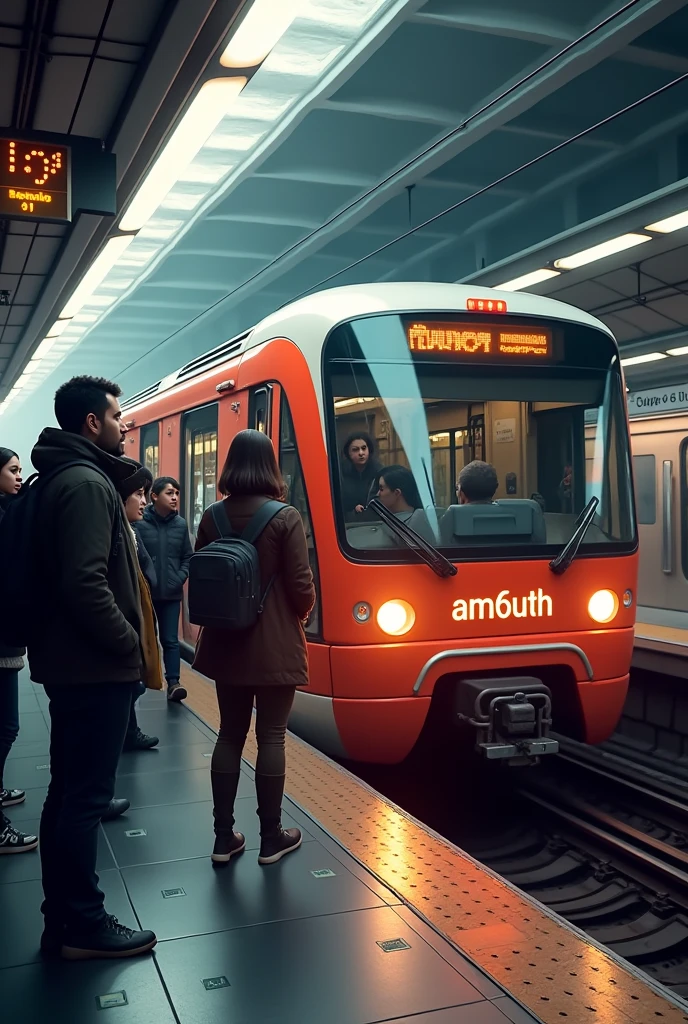 The brand am6uth is painted on a metro train and the passengers on platform looking it with curiosity