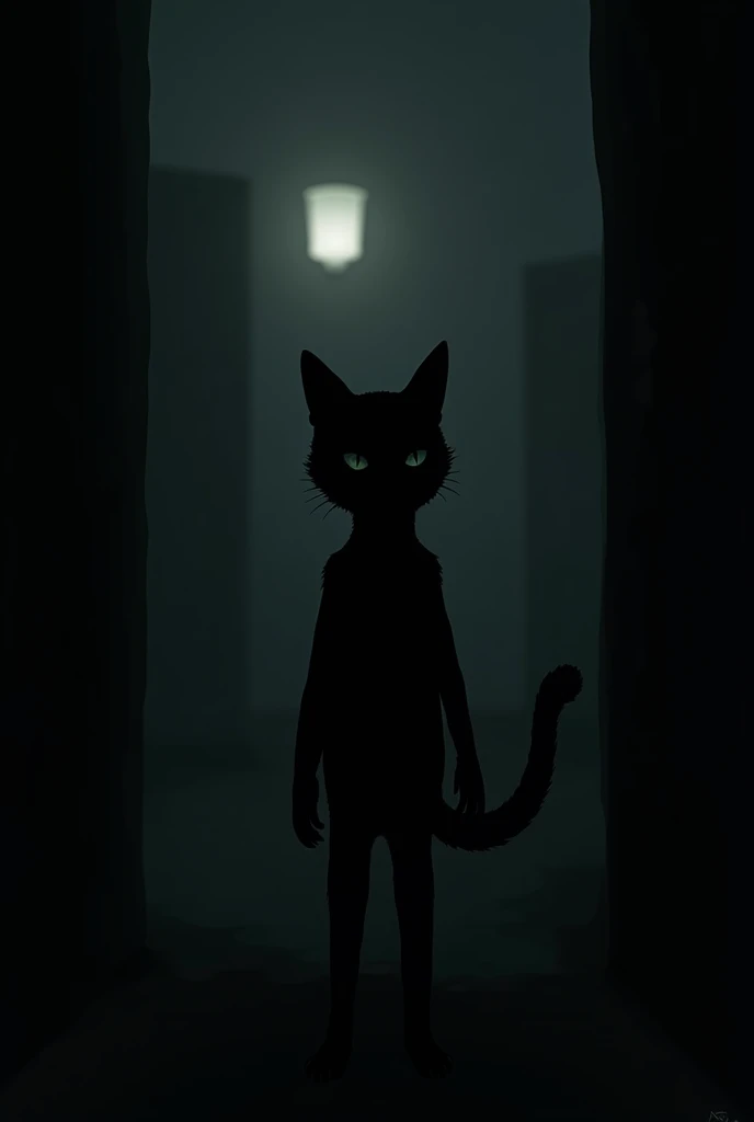 Pitch black shadow　Shadow play　Faint light from background lamp　Cat character silhouette　２Standing on bare feet　Looking straight ahead　