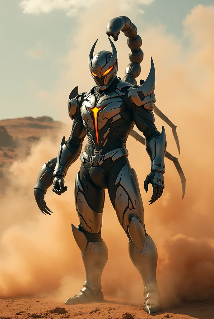 Create superhero with suit full body armour look alike kamen rider with scorpion element smoke effect background at desert