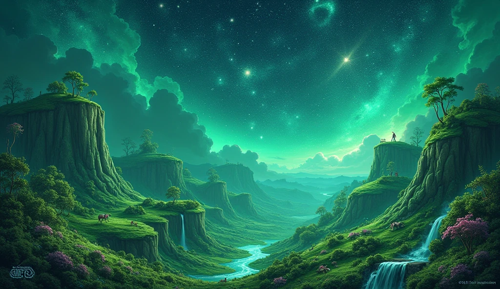 Fantastic landscape、Fantasy elements、Star-studded night sky、Emerald green、
