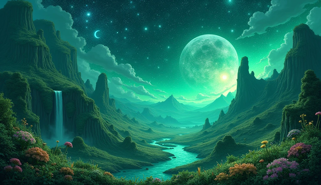 Fantastic landscape、Fantasy elements、Star-studded night sky、Emerald green、