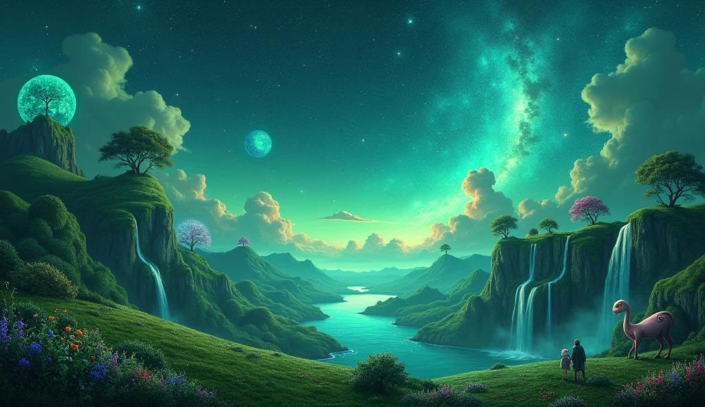 Fantastic landscape、Fantasy elements、Star-studded night sky、Emerald green、