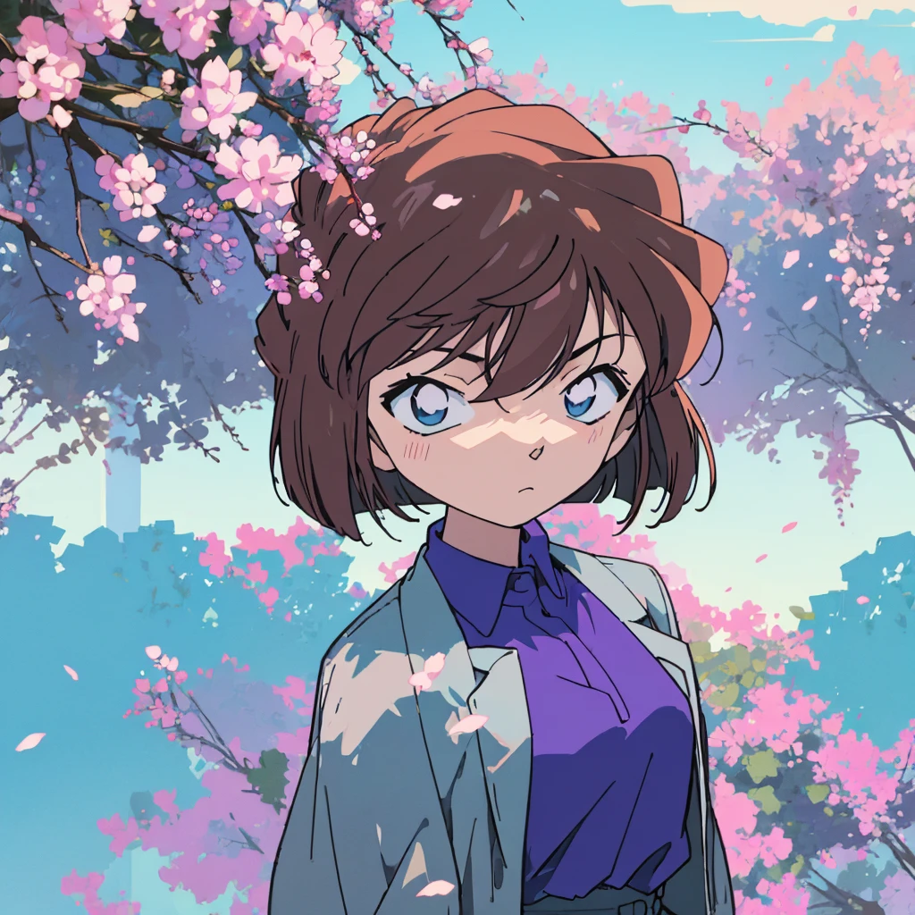 masterpiece, best quality, beautiful face, (street, upper body:1.4), anime style, (1girl in, Solo:1.0), (Haibara Ai), ((Short pants)), (((Big eyes))), (Cute anime girl head), (flat chest),looking at viewer, With a height of 100cm, shoot from front, (head shot), Simple line minimalism, Abstract Art, (Background blue sky), sad expression, Purple clothes, [[kawaii]], summer