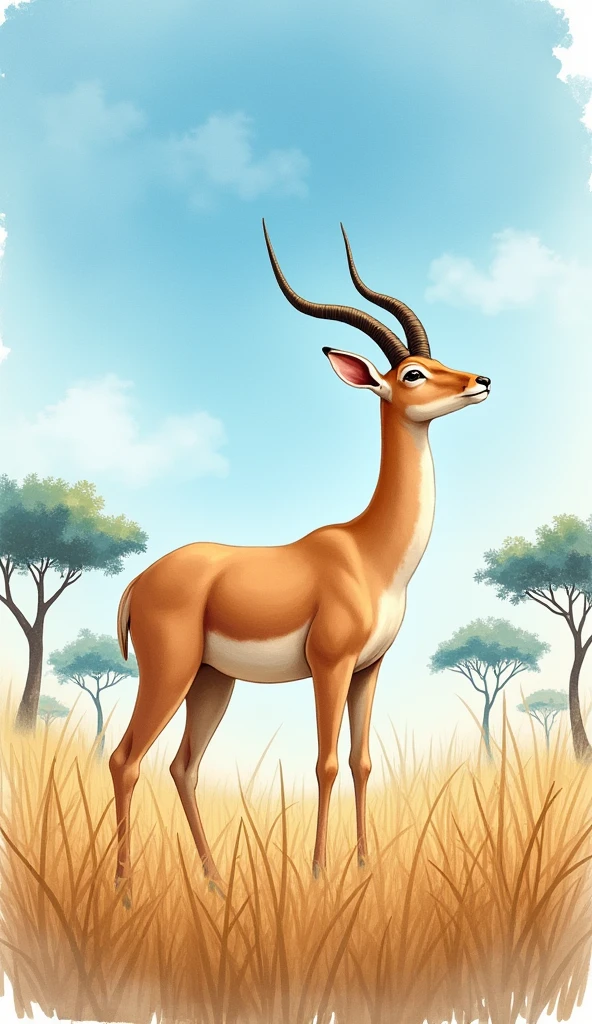 A anime antelop standing the tall grasses, with acacia trees and a clear blue sky in the background. Watercolor style