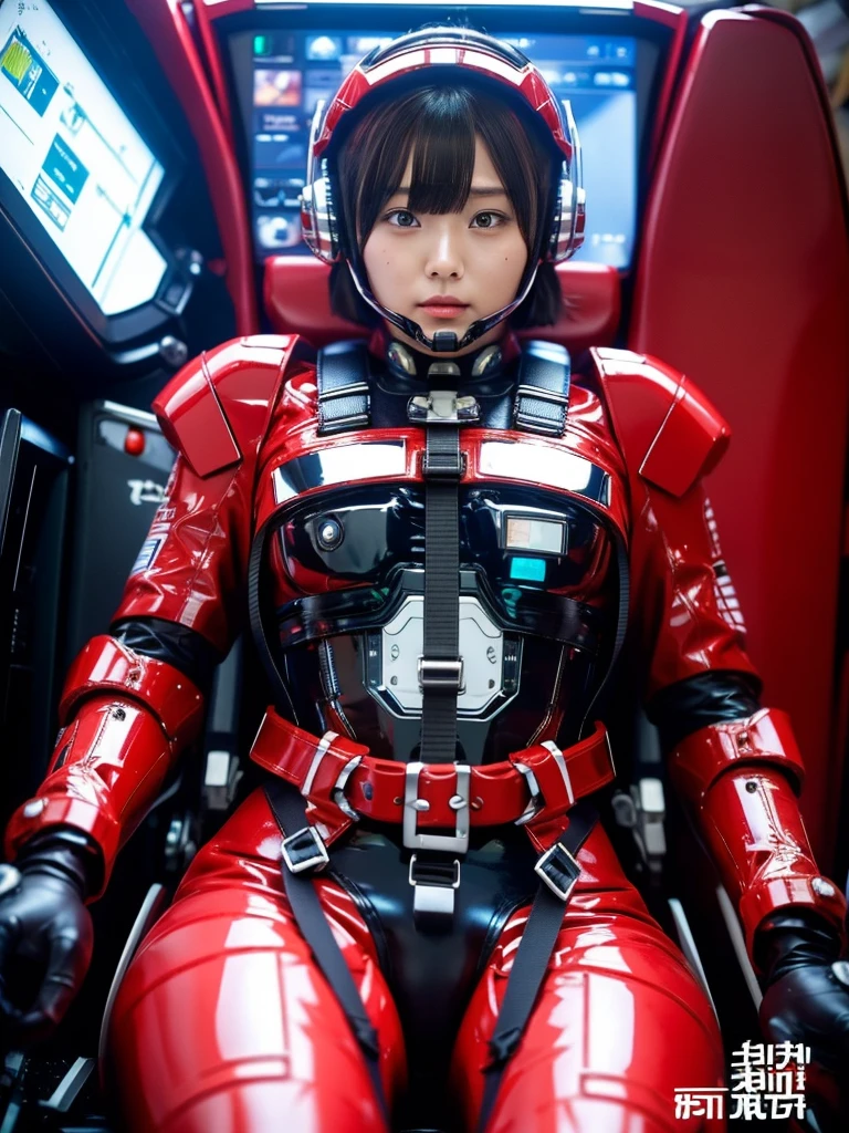 masterpiece, Highest quality, Very detailed, Japanese Android girl,Plump,Slightly thicker,Control panel,Android,cyborg,Blunt bangs,Sitting in the cockpit,Red robot suit,Harness Belt,Helmet
