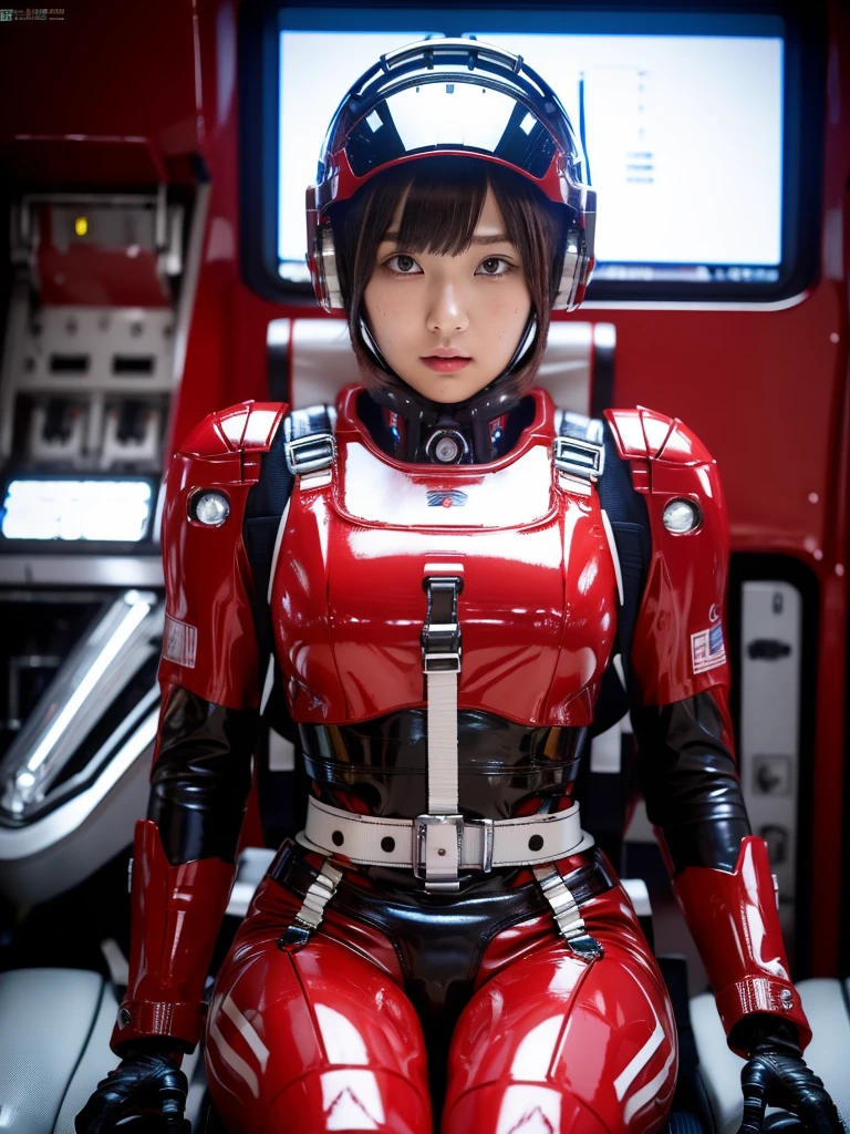 masterpiece, Highest quality, Very detailed, Japanese Android girl,Plump,Slightly thicker,Control panel,Android,cyborg,Blunt bangs,Sitting in the cockpit,Red robot suit,Harness Belt,Helmet