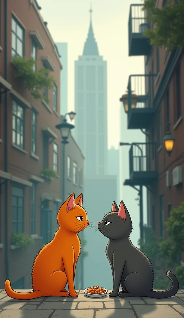 Scene 11: The Unexpected Friend
Location: A Quiet Corner of the City
The orange cat encounters another stray—a scrappy, grey cat. At first, they stare at each other warily, but soon they share a small meal and sit together, finding brief companionship in their loneliness.